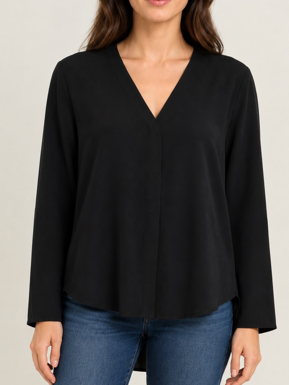 OAK + FORT Black V-Neck Button Down Long Sleeve Top